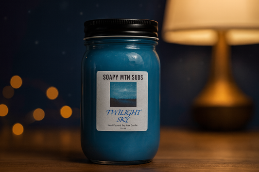 Twilight Sky 16oz Mason Jar Candle by Soapy Mtn Suds – hand-poured soy–paraffin blend with amber, musk, and pomegranate scent