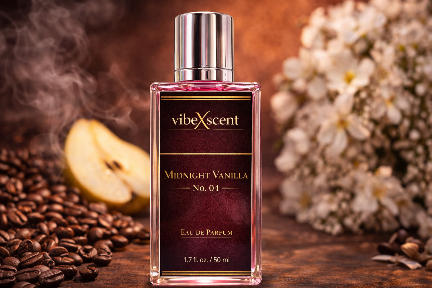 Midnight Vanilla No. 04 perfume by VibeXscent, luxury vanilla coffee fragrance inspired by YSL Black Opium featuring rich vanilla, roasted coffee, pear, and white floral notes in an elegant glass bottle