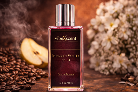 Midnight Vanilla No. 04 perfume by VibeXscent, luxury vanilla coffee fragrance inspired by YSL Black Opium featuring rich vanilla, roasted coffee, pear, and white floral notes in an elegant glass bottle