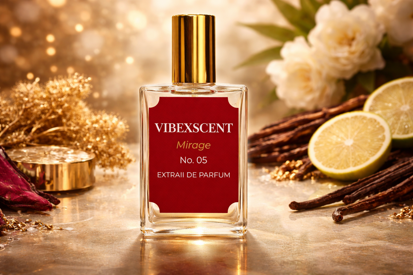 VibeXscent Mirage No. 05 extrait de parfum 30ml inspired by Baccarat Rouge 540, luxury unisex fragrance with amber, saffron, jasmine, cedarwood, and warm musky notes
