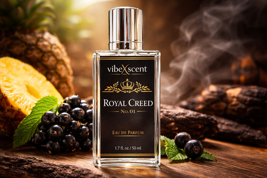 Royal Creed No. 01 perfume by VibeXscent, luxury men’s fragrance inspired by Creed Aventus with fresh pineapple, blackcurrant, smoky birch, and rich musk notes in a premium glass bottle