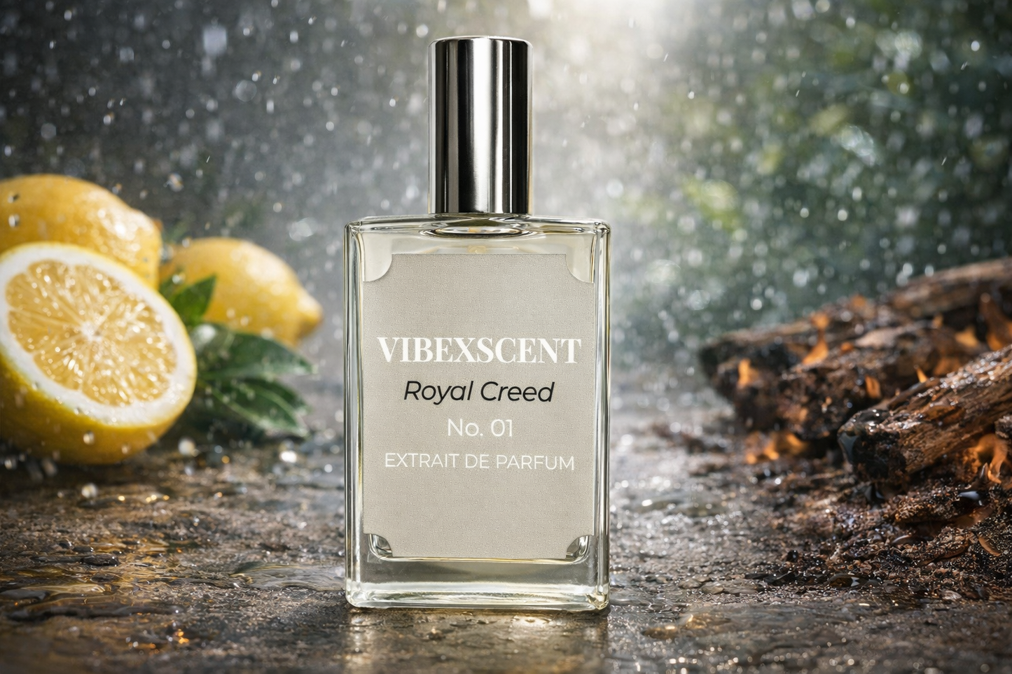 Royal Creed No. 01 extrait de parfum by Vibexscent inspired by Creed Aventus, luxury men’s fragrance with fresh lemon, bergamot, smoky woods, and amber notes in elegant glass bottle