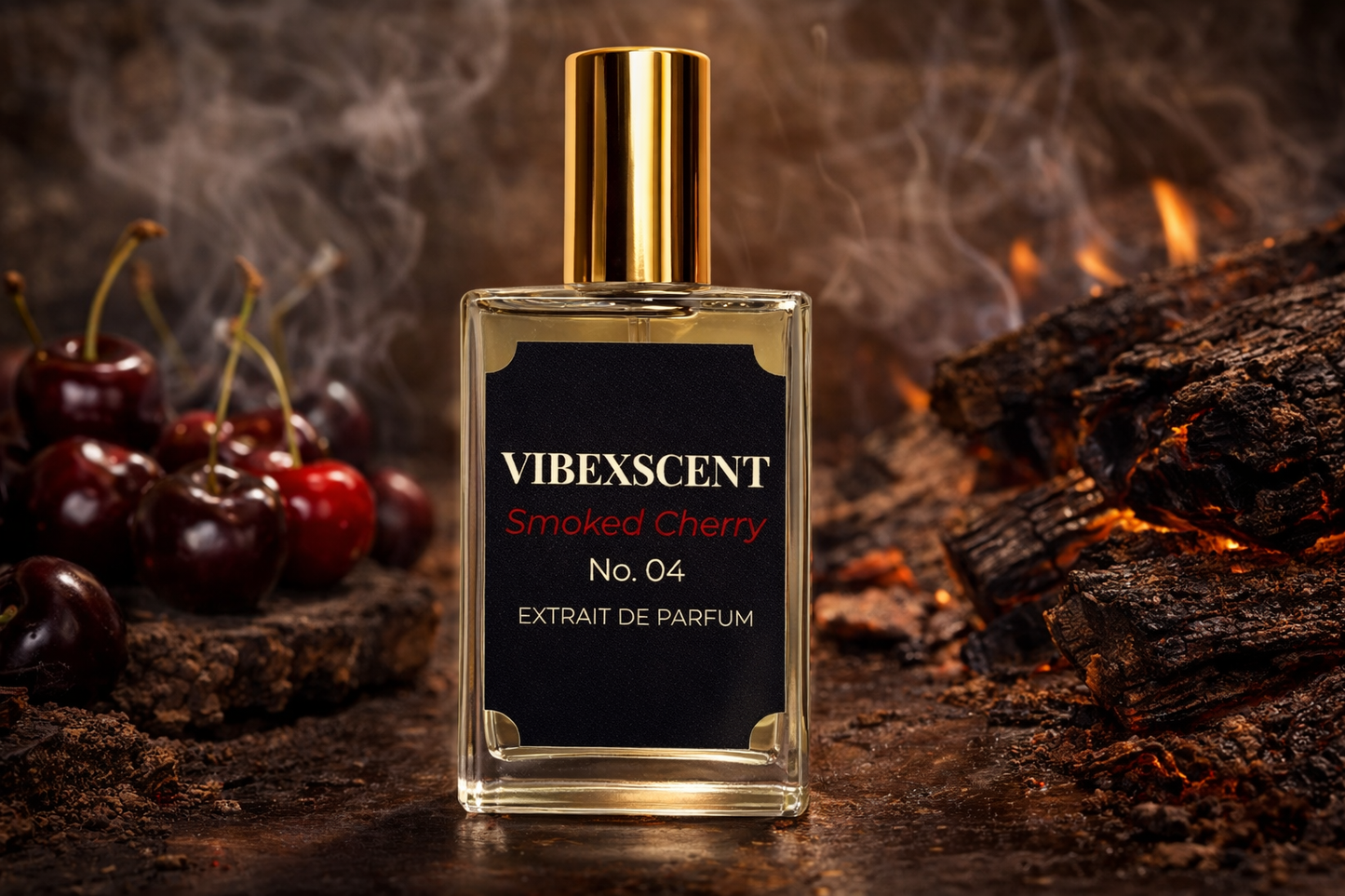 Smoked Cherry No. 04 extrait de parfum by Vibexscent inspired by Tom Ford Cherry Smoke, dark cherry fragrance with smoky woods, rich resin, and sensual amber notes in luxury glass bottle