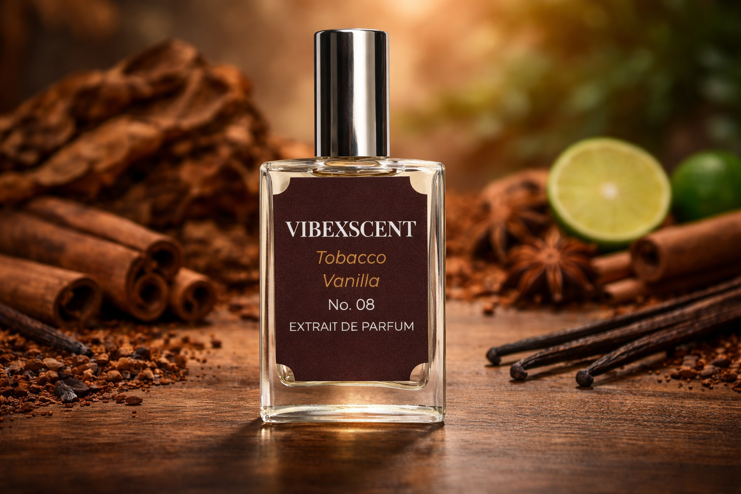 VibeXscent Tobacco Vanilla No. 08 extrait de parfum 30ml inspired by Tom Ford Tobacco Vanille, luxury unisex fragrance with rich tobacco leaf, warm vanilla, spice, and amber notes