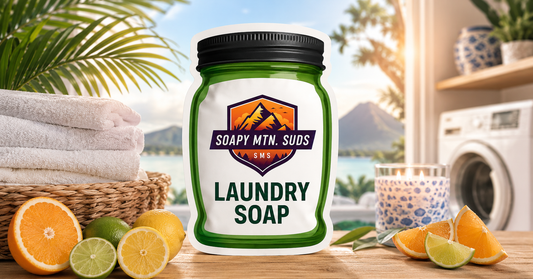 Volcanic Escape Laundry Soap with tropical citrus fragrance notes of oranges, lemons, limes, tropical fruits, and exotic greens in a luxury resort-inspired laundry room setting.