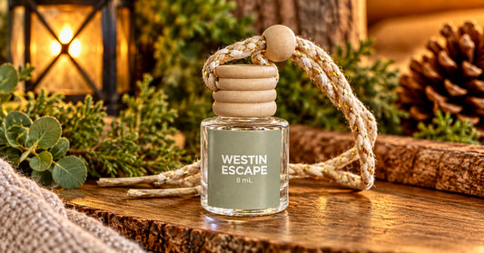 Westin Escape 8 mL car diffuser by Soapy Mtn Suds displayed on rustic wood with greenery and warm lantern light