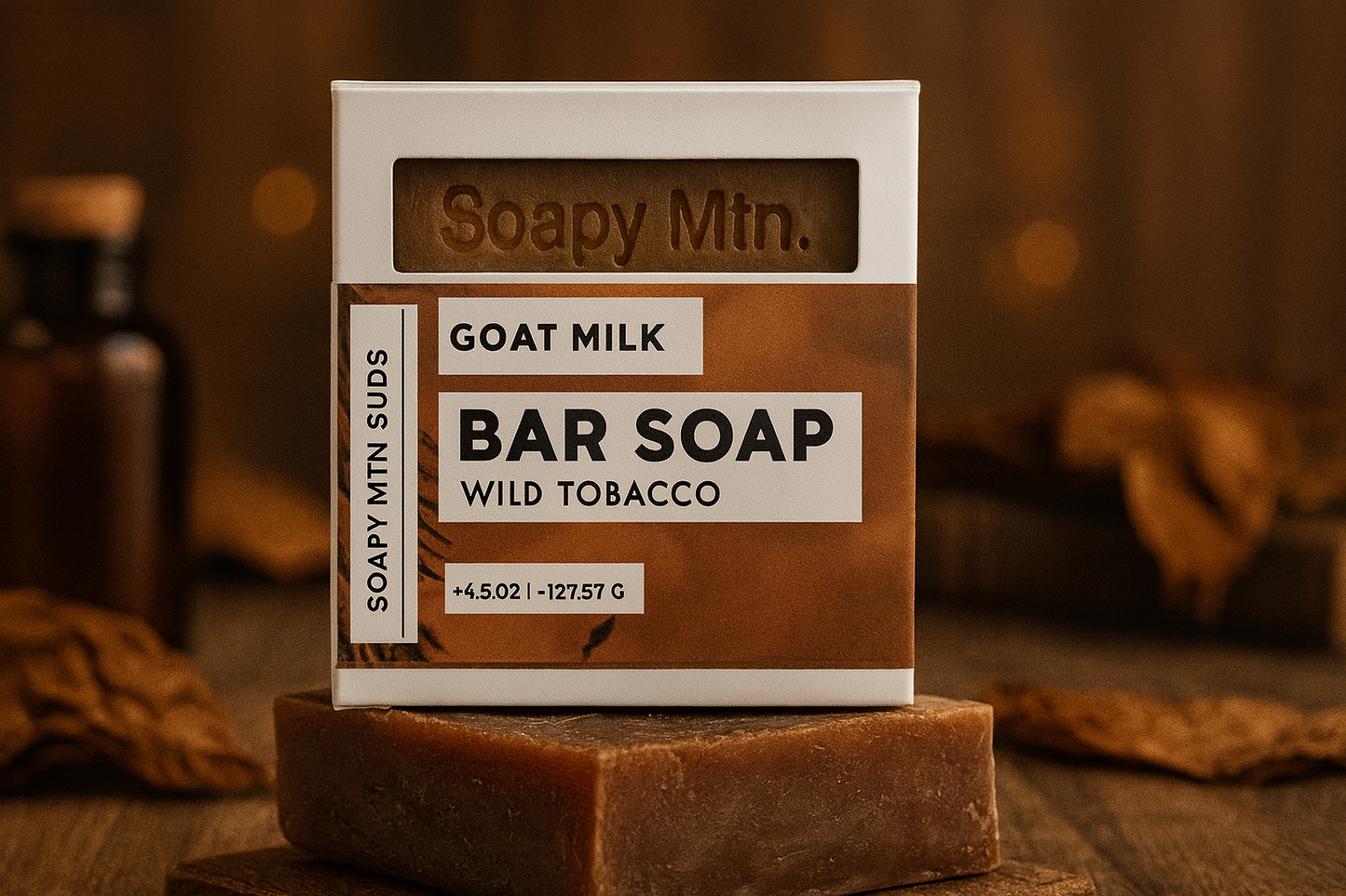 Soapy Mtn Suds Wild Tobacco Goat Milk Soap – handcrafted cold process soap with bold tobacco, warm amber, and subtle spice notes, enriched with creamy goat milk for a moisturizing, masculine clean.