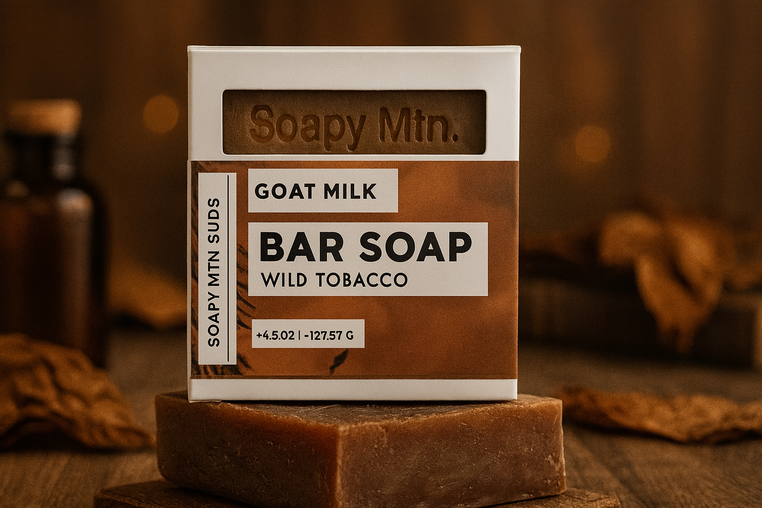 Soapy Mtn Suds Wild Tobacco Goat Milk Soap – handcrafted cold process soap with bold tobacco, warm amber, and subtle spice notes, enriched with creamy goat milk for a moisturizing, masculine clean.