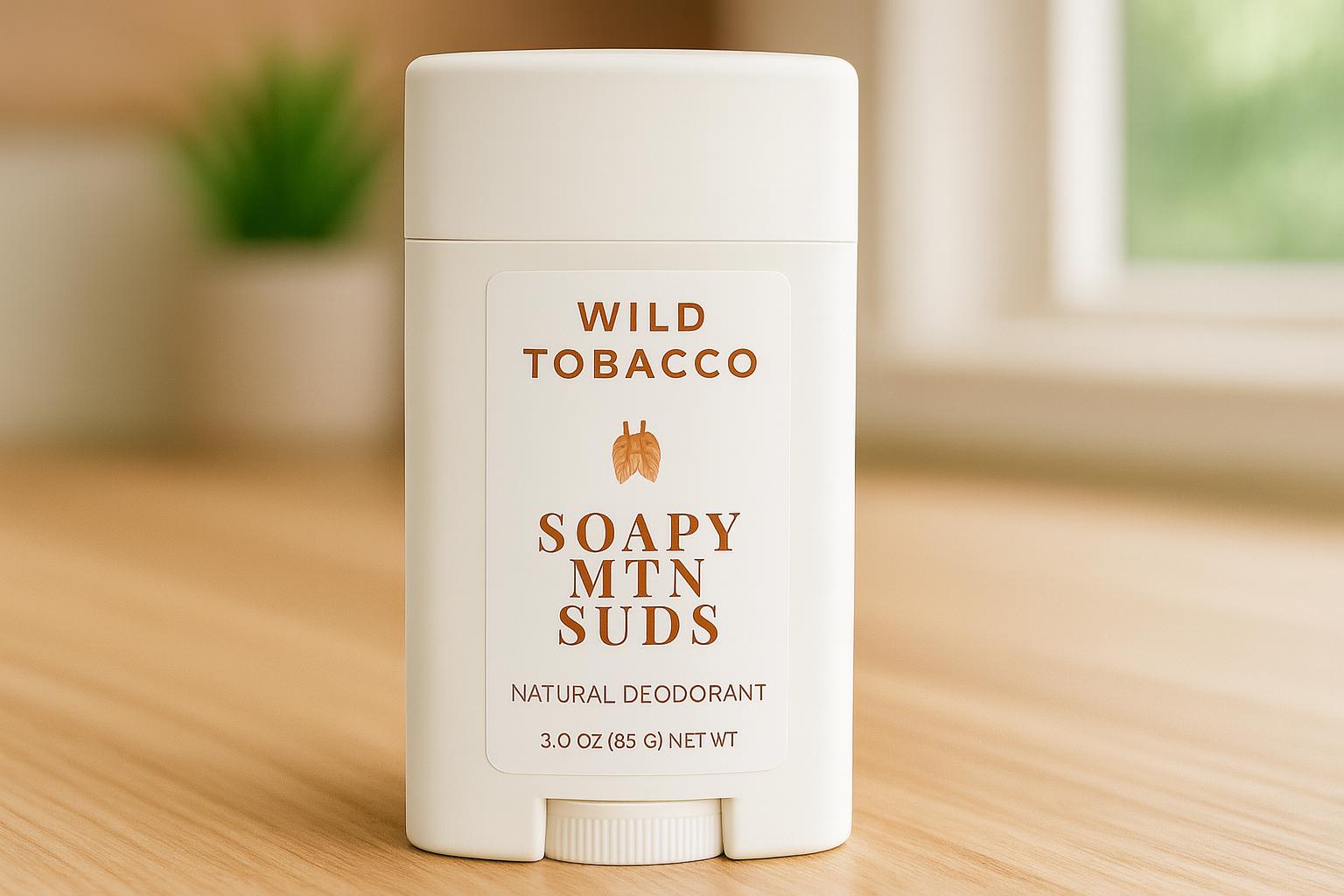 Soapy Mtn Suds Wild Tobacco Natural Deodorant – aluminum-free, baking soda-free, paraben-free deodorant with warm earthy tobacco notes, handcrafted for sensitive skin.